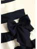 Ivory Navy Blue Stripe Taffeta Flower Girl Dress